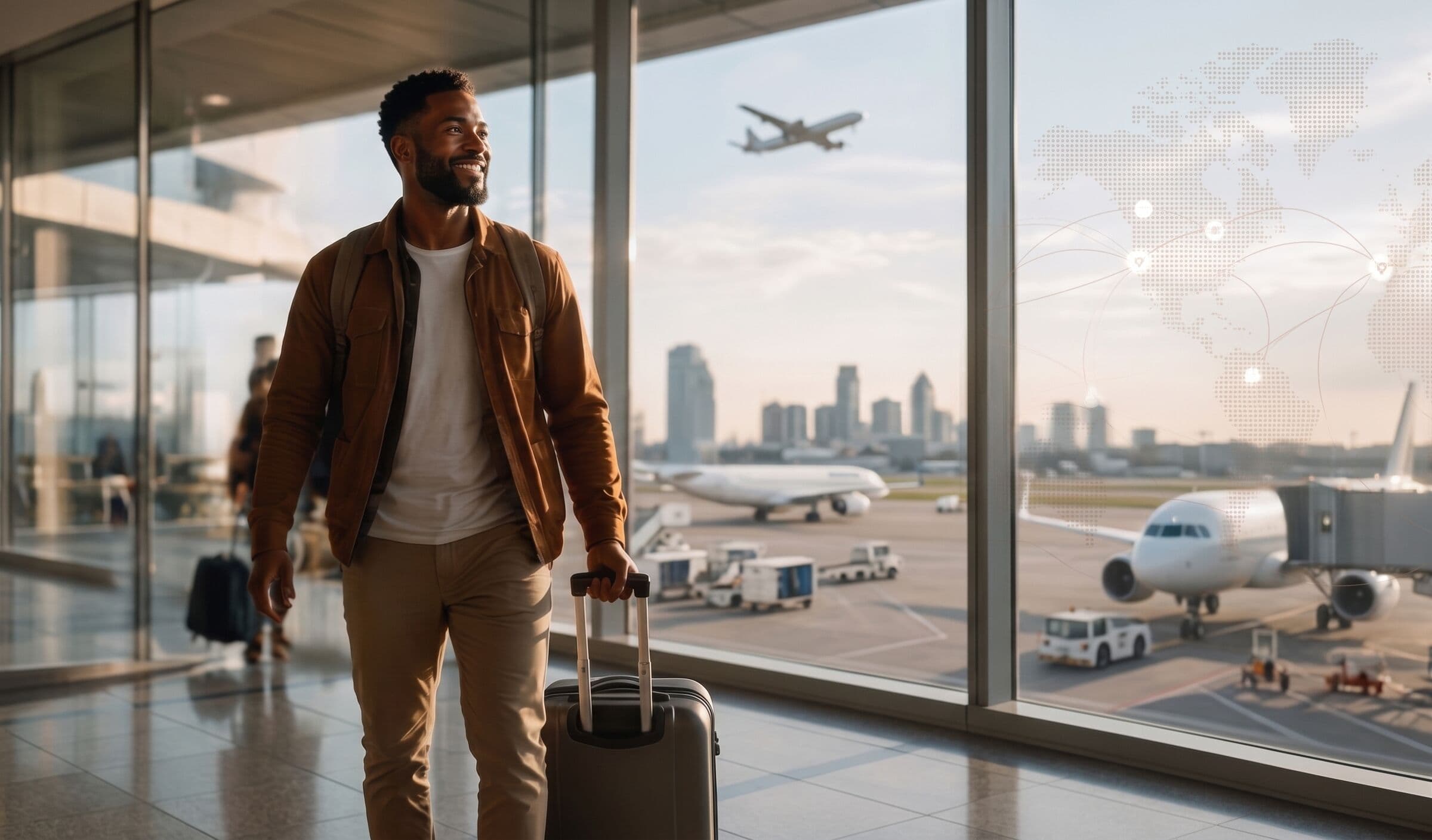 Un voyageur souriant traverse un terminal d'aéroport avec sa valise, des avions derrière la baie vitrée